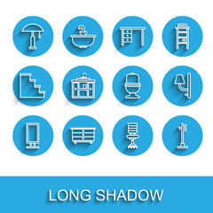 Set line Big full length mirror, Chest of drawers, Table lamp, Office chair, Coat stand, Washbasin cabinet with tap, Wall sconce and Toilet bowl icon. Vector
