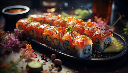 Freshness on plate  seafood, sashimi, maki sushi, avocado, vegetable slice generated by AI