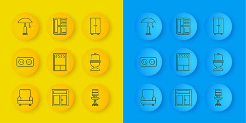 Set line Armchair, Electrical outlet, Wardrobe, Office, Toilet bowl, Table lamp, and icon. Vector