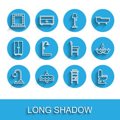 Set line Table lamp, Chandelier, Makeup mirror with lights, Bathroom rack shelves for towels, Toilet bowl, Shower, and Chair icon. Vector