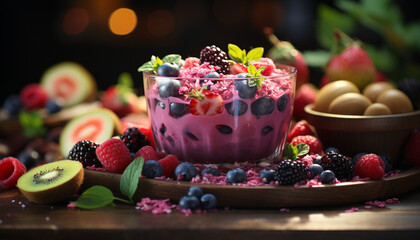 Obraz na płótnie Canvas Freshness and sweetness in a bowl of berry fruit dessert generated by AI