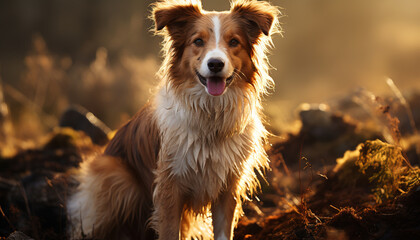 A cute puppy sitting in the grass, looking at the sun generated by AI