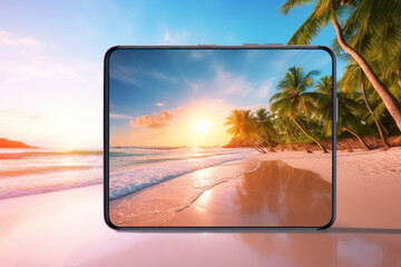 Use your tablet's camera to take a picture of a tropical beach with palm trees and white sand at sunset.