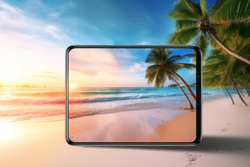 Use your tablet's camera to take a picture of a tropical beach with palm trees and white sand at sunset.
