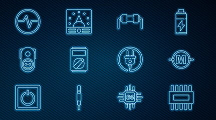 Set line Processor with microcircuits CPU, Electric scheme, Resistor electricity, Multimeter, Electrical outlet, plug and Ampere multimeter, voltmeter icon. Vector