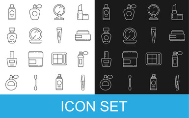 Set line Mascara brush, Perfume, Cream or lotion cosmetic tube, Round makeup mirror, Makeup powder with, Bottle of shampoo and icon. Vector