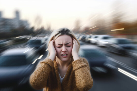 Woman with closed eyes covering her ears in the street while vehicles are passing by fast in the background, Stressful and frustrating situation, Noise pollution concept, Radial blur filter applied