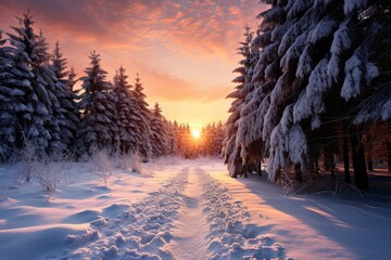Winter trail in the snowy forest background. Generative AI. - obrazy, fototapety, plakaty