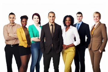 Obraz premium Bridging Generations: A Multicultural Business Team, Dressed for Success, Comes Together on a White Background, Emphasizing the Power of Diversity in Age and Culture