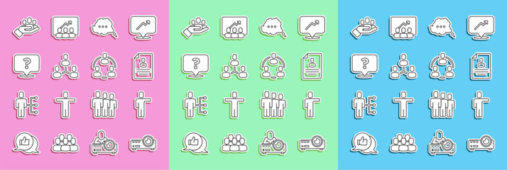 Set line Media projector, Head hunting, Resume, Speech bubble chat, Project team base, Question mark, Hand for search people and icon. Vector