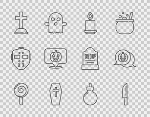 Set line Lollipop, Knife, Burning candle, Coffin with cross, Tombstone, Pumpkin, Bomb ready explode and icon. Vector