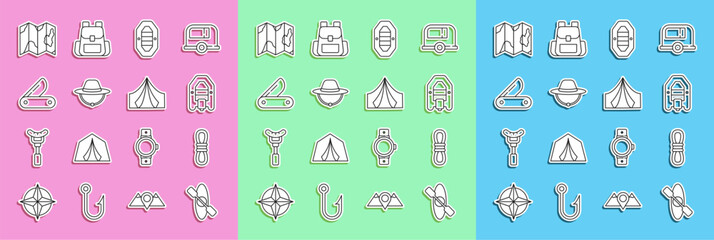 Set line Kayak or canoe, Climber rope, Rafting boat, Camping hat, Swiss army knife, Location of the forest on map and Tourist tent icon. Vector