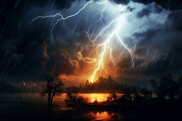 Enchanting celestial lightning brightens the enigmatic evening. Generative AI - obrazy, fototapety, plakaty