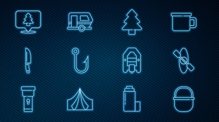 Set line Camping pot, Kayak or canoe, Forest, Fishing hook, Knife, Location of the forest, Rafting boat and Rv trailer icon. Vector