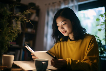 Young asian woman working at home with digital tablet