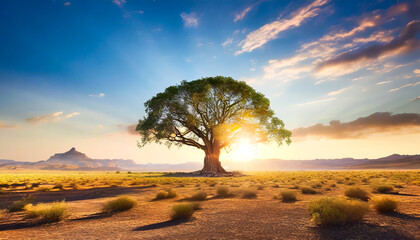 Minimalism. A lone giant tree in a vast, empty desert landscape.