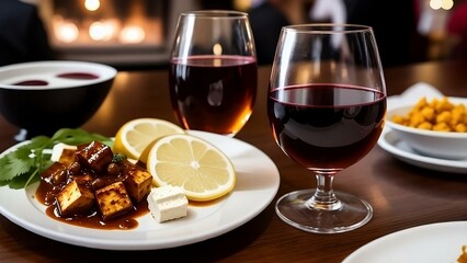 view of paneer and wine glasses kept on a table