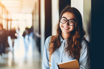 Young beautiful high school girl or college student wearing eyeglasses, smiling in university campus with copy space, Education, geek or nerd people concept - obrazy, fototapety, plakaty