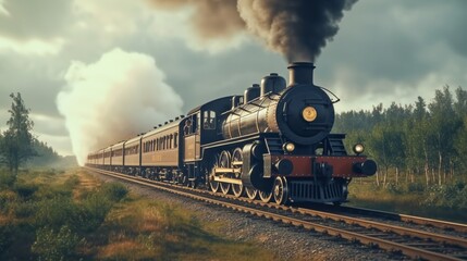 steam train in the countryside generated by AI - obrazy, fototapety, plakaty