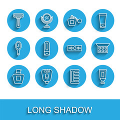 Set line Cream or lotion cosmetic tube, Epilator, Shaving razor, Hairbrush, Bottle of shampoo, Makeup powder with mirror and Acne icon. Vector
