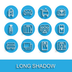 Set line Hotel room bed, Pillow, Suitcase, Shower cabin, Lift, Mobile with wi-fi wireless and Five stars rating review icon. Vector
