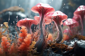 Mushrooms with raindrops, close-up.