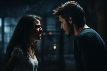 Young Couple Arguing and Fighting, Emotional abuse Scene, Stressed Woman and aggressive Man Screaming at Each other in the Dark Hallway of Apartment, Dramatic Scene - obrazy, fototapety, plakaty