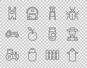 Set line Tractor, Can container for milk, Water tower, Bucket, Garden worker clothes, Apple, fence wooden and Farmer hat icon. Vector