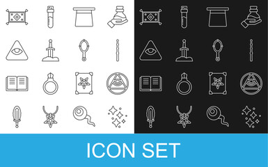 Set line Sparkle stars with magic, Masons, Magic wand, hat, Sword in the stone, carpet and hand mirror icon. Vector