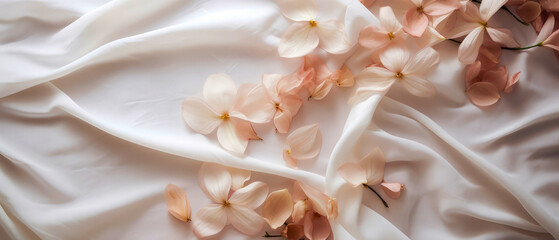 Obraz premium Beige silk bed sheet with flowers, roses petals. Valentines Day.Top view, flat lay. Satin fabric background. Female romantic mockup. Morning relax leisure. Hotels bedroom.Generative ai.