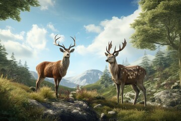 Illustration of wild animals. Deer in mountainous areas.