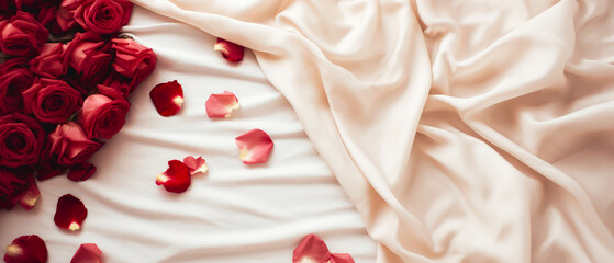Beige silk bed sheet with flowers, roses petals. Valentines  Day.Top view, flat lay. Satin fabric background. Female romantic mockup. Morning relax leisure. Hotels bedroom.Generative ai. - obrazy, fototapety, plakaty