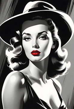 film noir style, moochrome ink sketch portrait of a beautiful woman with red lips. generative ai