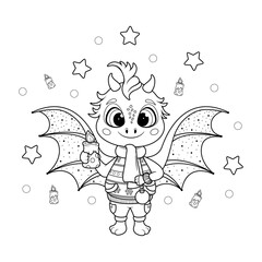 Coloring page. Christmas Cartoon Dragon with a Christmas Candle
