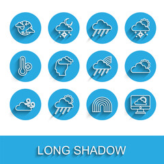 Set line Windy weather, Cloud with rain and sun, Earth planet clouds, Rainbow, Weather forecast, Man having headache, Sun and icon. Vector