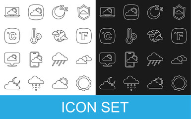 Set line Sun, and cloud weather, Fahrenheit, Time to sleep, Meteorology thermometer, Celsius, Weather forecast and Earth planet with clouds icon. Vector