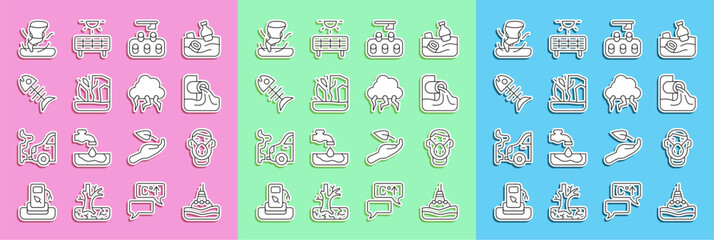 Set line Floating buoy on the sea, Face protective mask, Wastewater, Deforestation, Glacier melting, Dead fish, Tornado and Storm icon. Vector