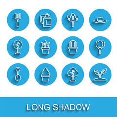 Set line Shovel, Cactus peyote in pot, Garden rake, Forest, Sprout, Plant, Flower tulip and icon. Vector