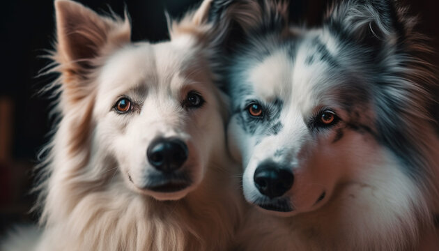 Three fluffy canines pose for a family portrait indoors generative AI