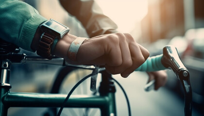 A Caucasian cyclist holding a wrench, examining bicycle equipment outdoors generated by AI