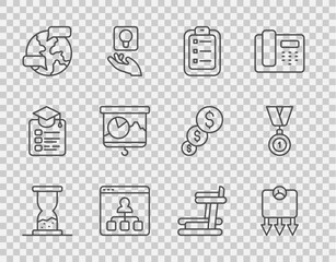 Set line Old hourglass with sand, Weight loss, To do list or planning, Online education, Worldwide, Chalkboard chart, Treadmill machine and Medal icon. Vector