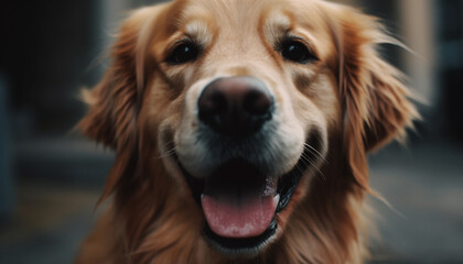 Close up portrait of cute purebred golden retriever sitting outdoors generated by AI