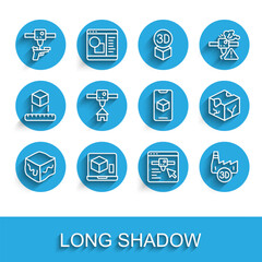 Set line Isometric cube, 3D printer, gun, setting, Printing house industry, and software icon. Vector