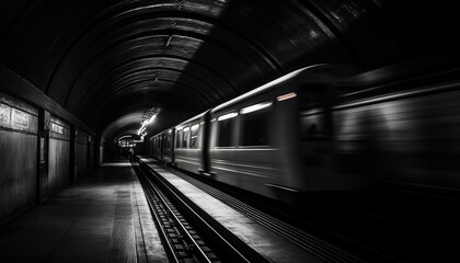 Inside the modern subway train, leaving the dark tunnel generated by AI - obrazy, fototapety, plakaty