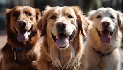 Three playful pets, a labrador, hound, and golden retriever, smiling generated by AI