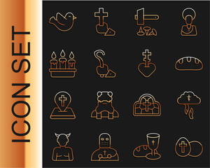 Set line Easter egg, God's helping hand, Bread loaf, Crucifixion of Jesus Christ, Magic staff, Burning candle candlestick, Dove and Religious cross heart icon. Vector