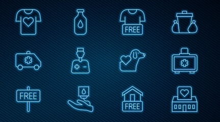 Set line Volunteer center, First aid kit, Clothes donation, Male doctor, Emergency car, Heart with dog and Bottle of water icon. Vector