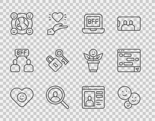 Set line Good relationship, Happy friendship day, BFF or best forever, Magnifying glass search, International community, Lock with key, Dating online and Chat messages laptop icon. Vector
