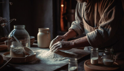 Obraz na płótnie Canvas Craftsperson hand kneading homemade dough for rustic bread preparation generated by AI