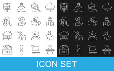 Set line Donation money, Volunteer, Homeless, Searching for food, hand with, Work search and cardboard house icon. Vector